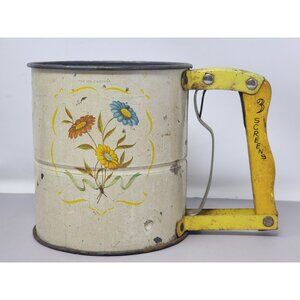 Androck Hand-I-Sift Vintage Flour Sifter Floral Design Yellow Handle 3 Screens‎